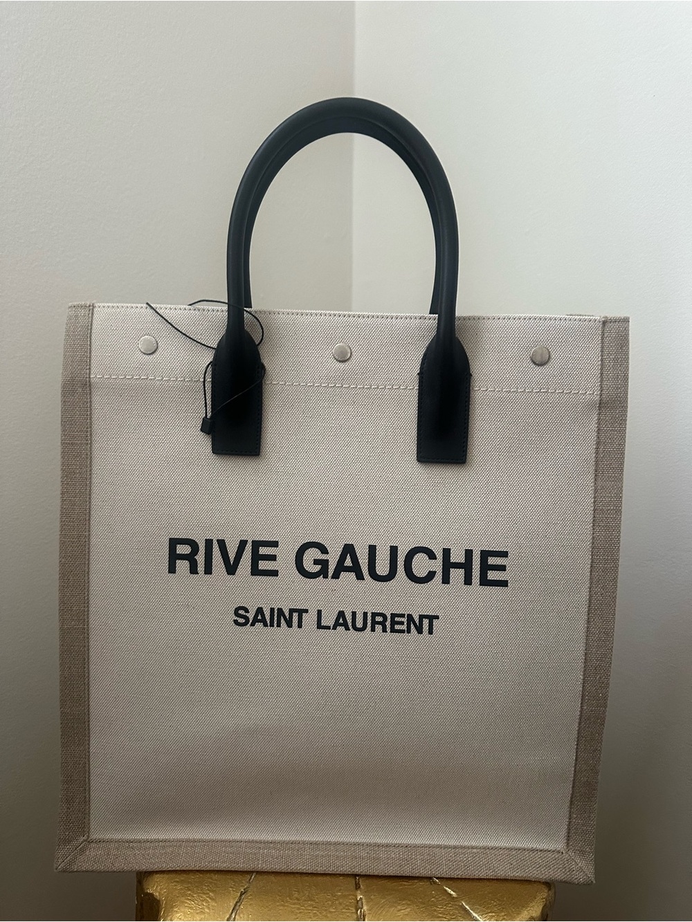 Saint Laurent Beige Canvas 'Rive Gauche' Tote with Black Handles - Picture 2 of 8